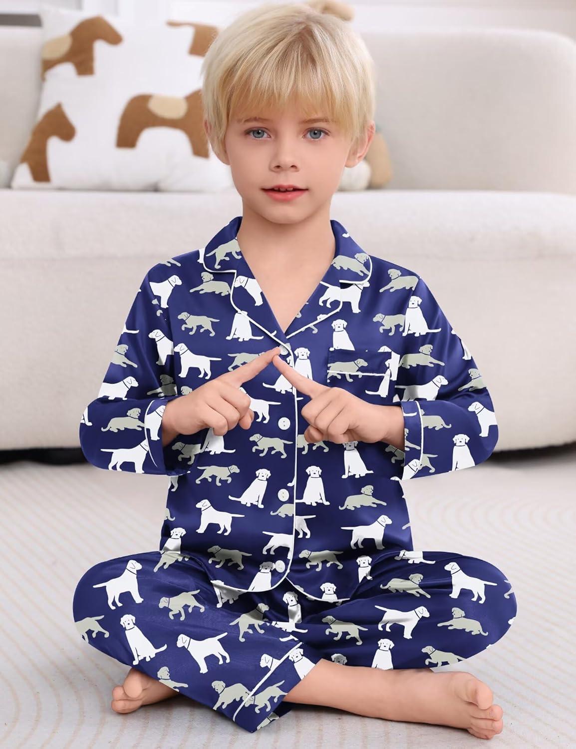 imageSWOMOG Kid Girls Boys Silk Satin Pajamas Set ButtonDown PJs Sets TwoPiece Lounge Sets Long Sleeve SleepwearNavy Blue Dog