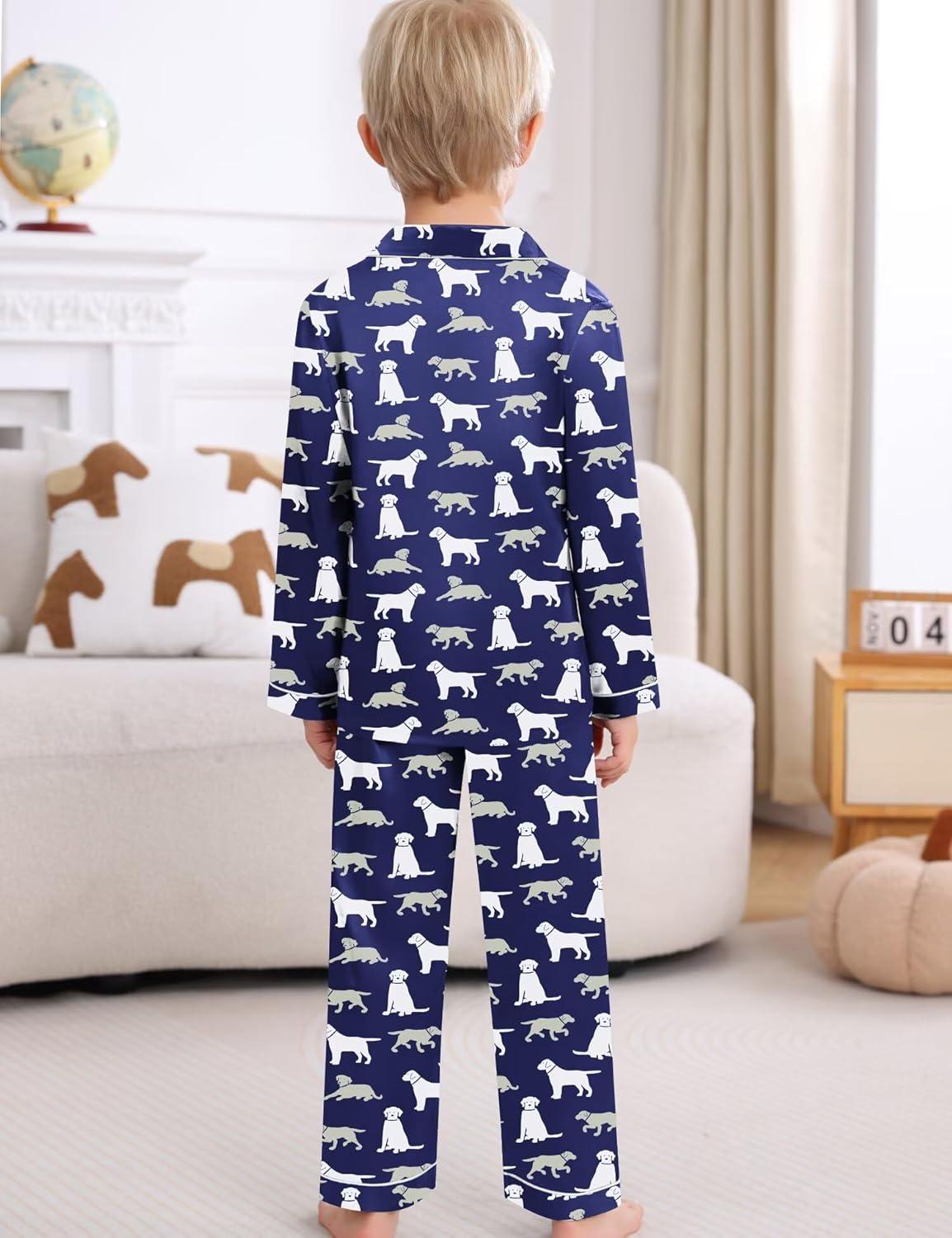 imageSWOMOG Kid Girls Boys Silk Satin Pajamas Set ButtonDown PJs Sets TwoPiece Lounge Sets Long Sleeve SleepwearNavy Blue Dog