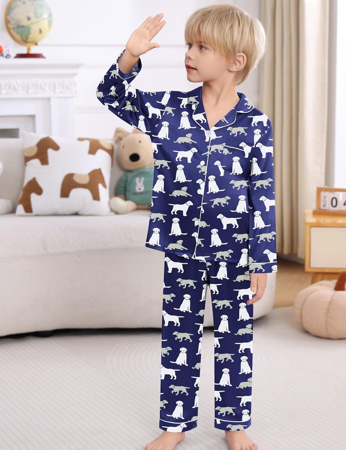 imageSWOMOG Kid Girls Boys Silk Satin Pajamas Set ButtonDown PJs Sets TwoPiece Lounge Sets Long Sleeve SleepwearNavy Blue Dog
