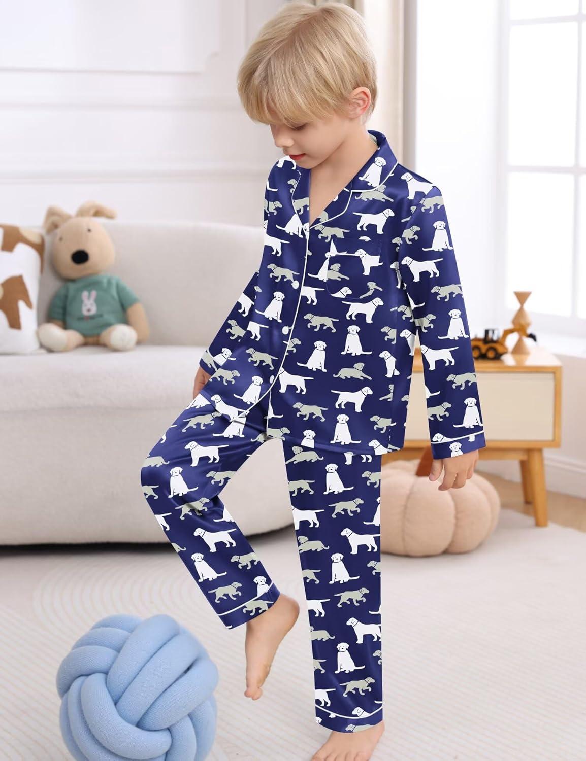 imageSWOMOG Kid Girls Boys Silk Satin Pajamas Set ButtonDown PJs Sets TwoPiece Lounge Sets Long Sleeve SleepwearNavy Blue Dog
