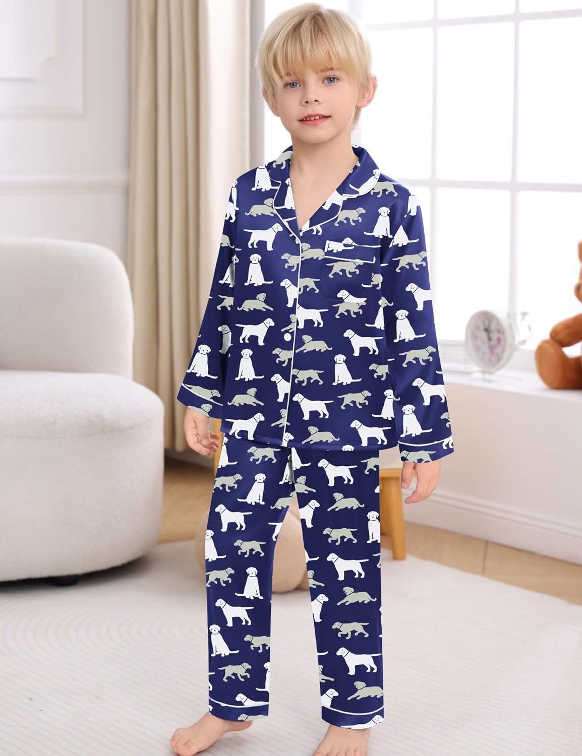 imageSWOMOG Kid Girls Boys Silk Satin Pajamas Set ButtonDown PJs Sets TwoPiece Lounge Sets Long Sleeve SleepwearNavy Blue Dog