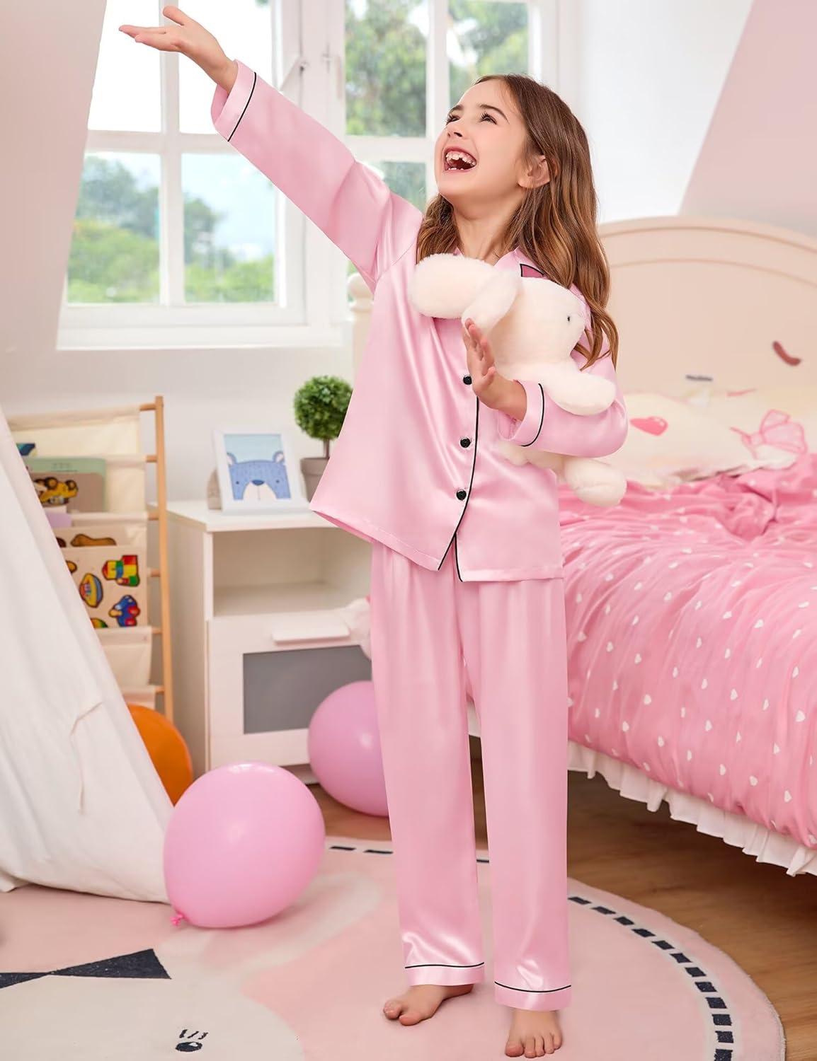 imageSWOMOG Kid Girls Boys Silk Satin Pajamas Set ButtonDown PJs Sets TwoPiece Lounge Sets Long Sleeve SleepwearPink