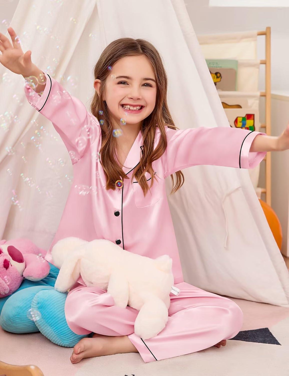 imageSWOMOG Kid Girls Boys Silk Satin Pajamas Set ButtonDown PJs Sets TwoPiece Lounge Sets Long Sleeve SleepwearPink