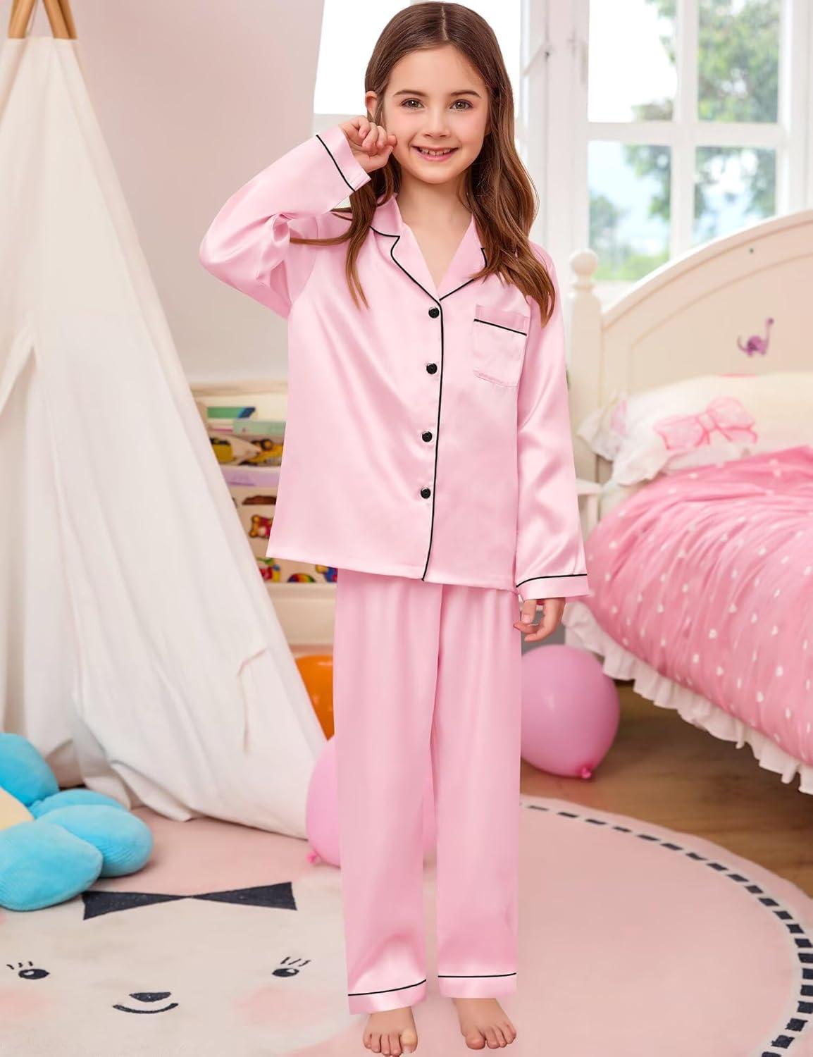imageSWOMOG Kid Girls Boys Silk Satin Pajamas Set ButtonDown PJs Sets TwoPiece Lounge Sets Long Sleeve SleepwearPink