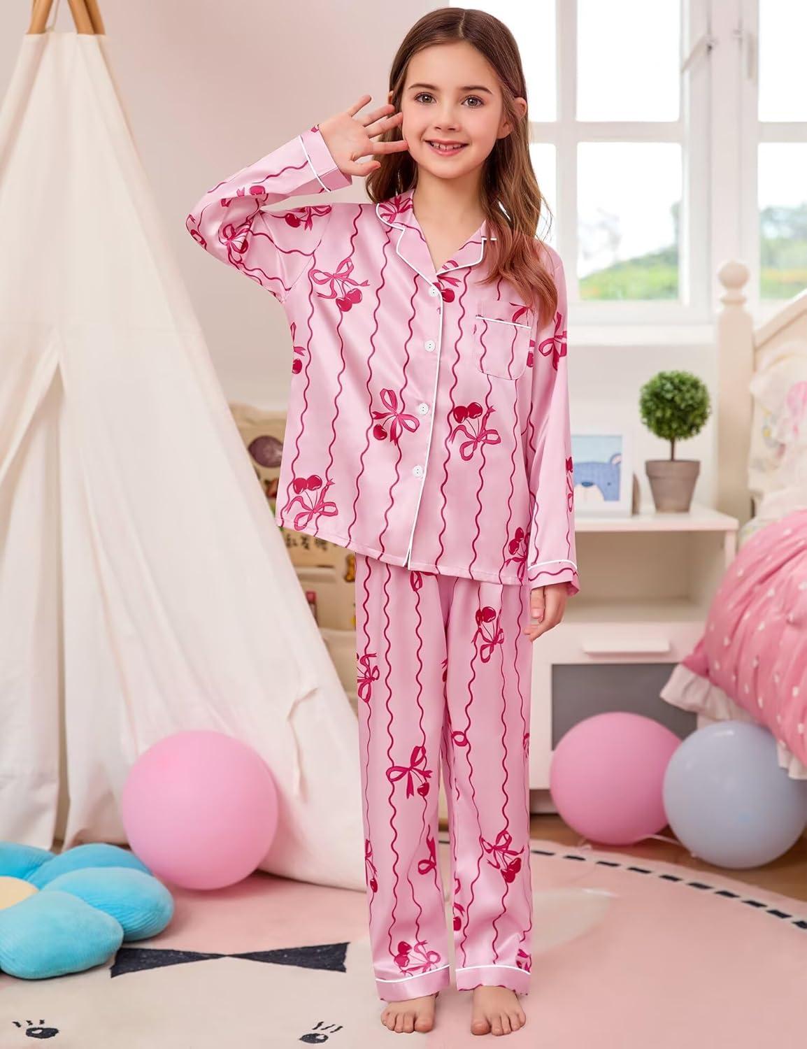 imageSWOMOG Kid Girls Boys Silk Satin Pajamas Set ButtonDown PJs Sets TwoPiece Lounge Sets Long Sleeve SleepwearPink Bow