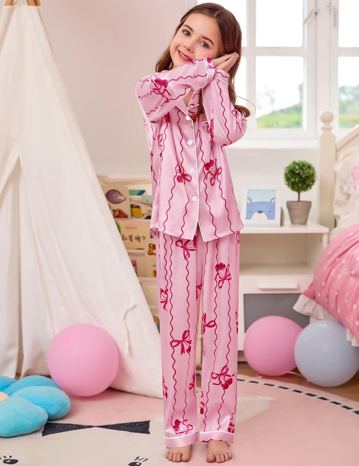imageSWOMOG Kid Girls Boys Silk Satin Pajamas Set ButtonDown PJs Sets TwoPiece Lounge Sets Long Sleeve SleepwearPink Bow