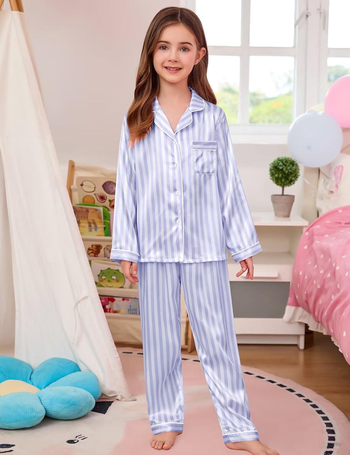 imageSWOMOG Kid Girls Boys Silk Satin Pajamas Set ButtonDown PJs Sets TwoPiece Lounge Sets Long Sleeve SleepwearPurple Striped