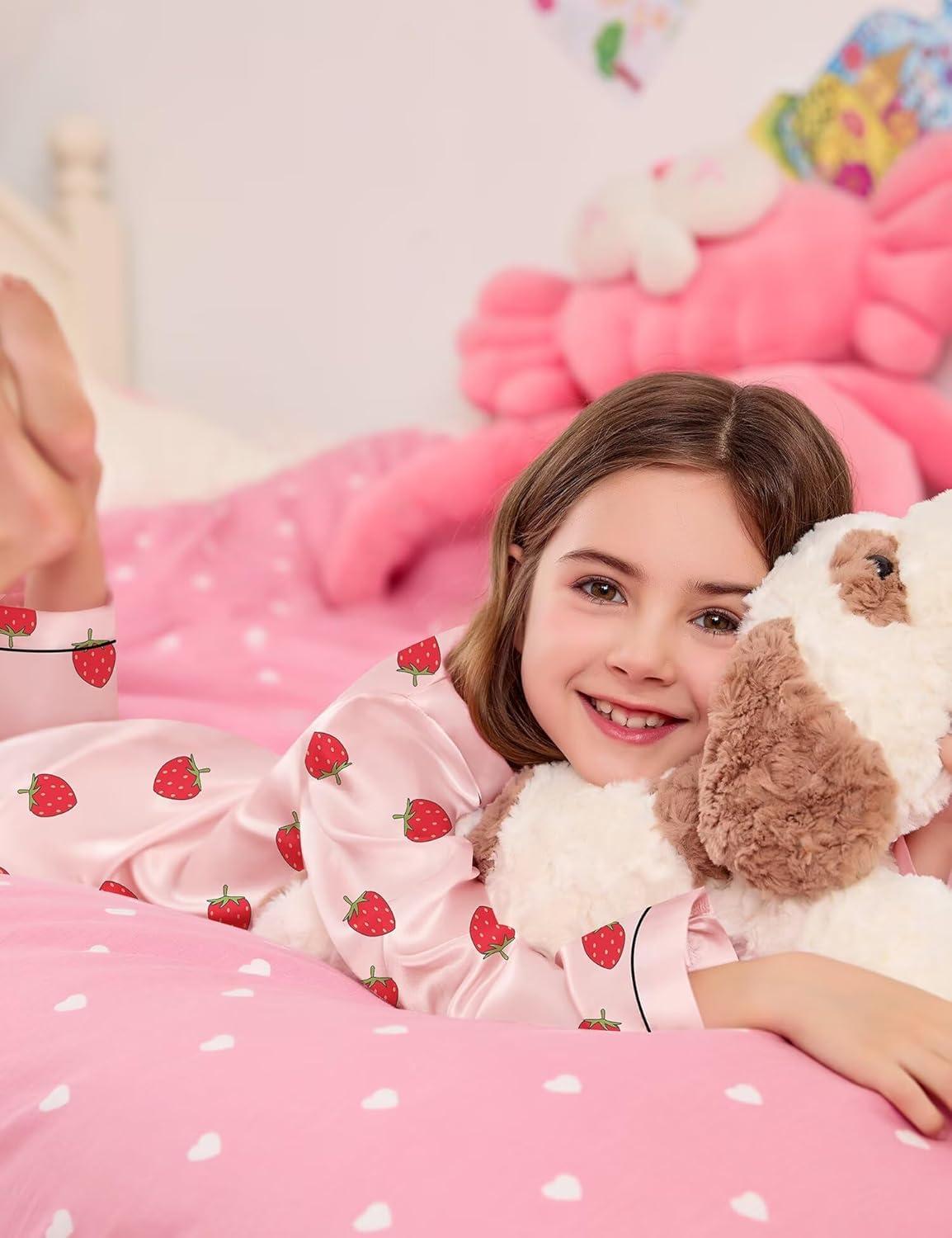 imageSWOMOG Kid Girls Boys Silk Satin Pajamas Set ButtonDown PJs Sets TwoPiece Lounge Sets Long Sleeve SleepwearSakura Pink Strawberry