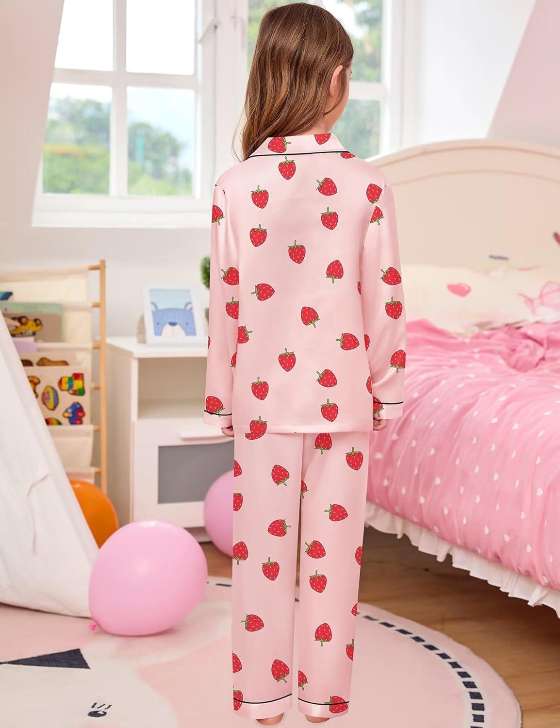 imageSWOMOG Kid Girls Boys Silk Satin Pajamas Set ButtonDown PJs Sets TwoPiece Lounge Sets Long Sleeve SleepwearSakura Pink Strawberry