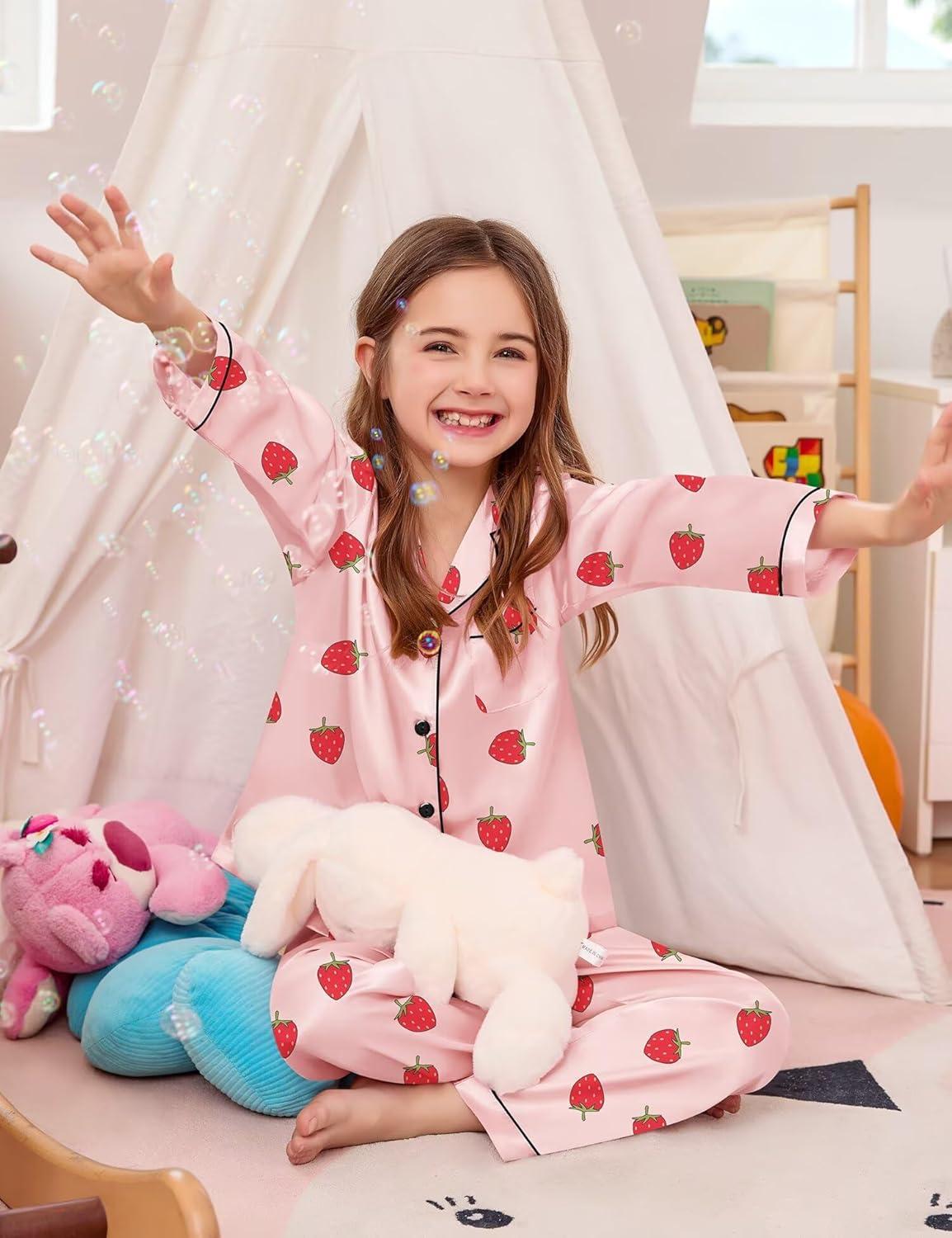imageSWOMOG Kid Girls Boys Silk Satin Pajamas Set ButtonDown PJs Sets TwoPiece Lounge Sets Long Sleeve SleepwearSakura Pink Strawberry