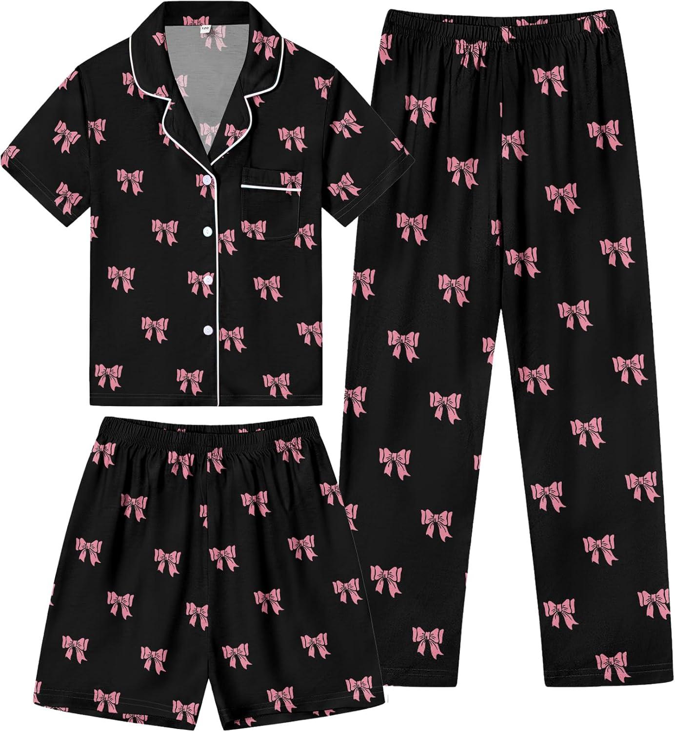 imageSWOMOG Kids Pajamas Sets 3PCS Short Sleeve Long Pants with Shorts Girls Boys Button Down PJS Cute Loungewear for 4T15YearsBlack Bowknot