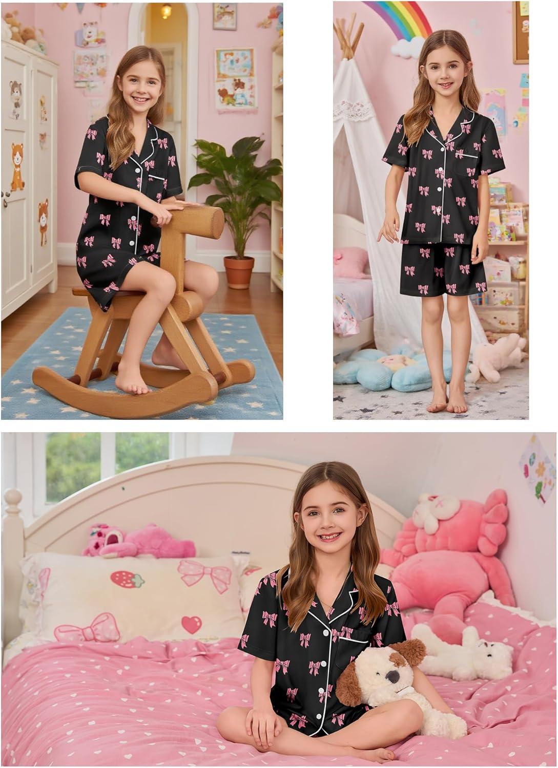 imageSWOMOG Kids Pajamas Sets 3PCS Short Sleeve Long Pants with Shorts Girls Boys Button Down PJS Cute Loungewear for 4T15YearsBlack Bowknot