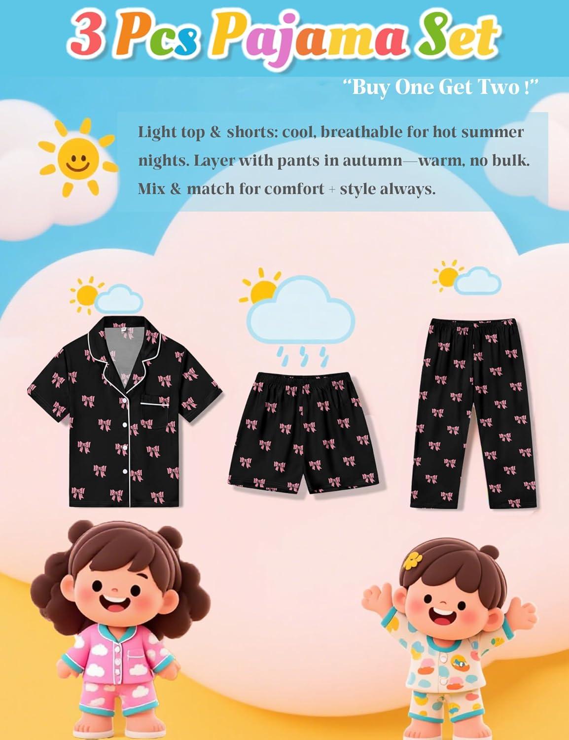 imageSWOMOG Kids Pajamas Sets 3PCS Short Sleeve Long Pants with Shorts Girls Boys Button Down PJS Cute Loungewear for 4T15YearsBlack Bowknot