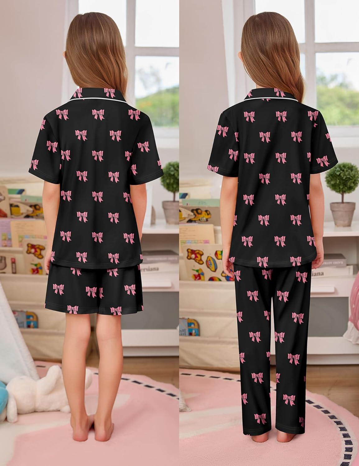 imageSWOMOG Kids Pajamas Sets 3PCS Short Sleeve Long Pants with Shorts Girls Boys Button Down PJS Cute Loungewear for 4T15YearsBlack Bowknot
