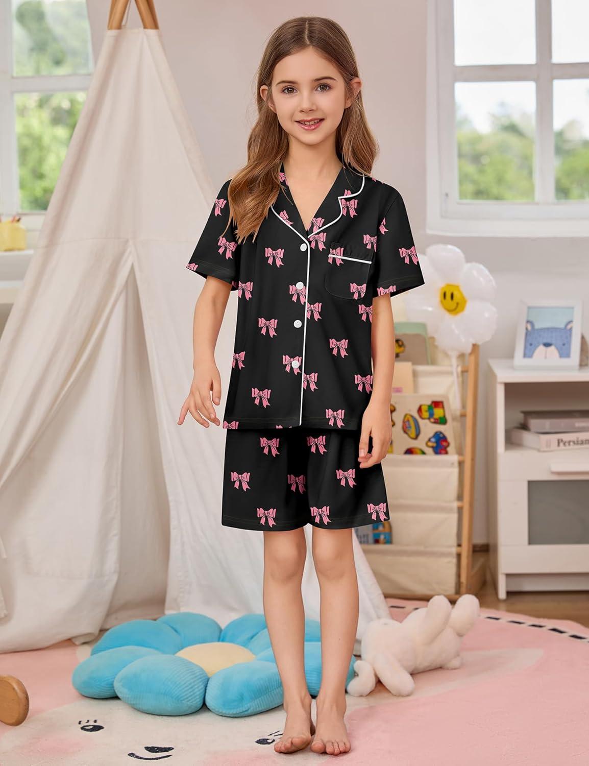 imageSWOMOG Kids Pajamas Sets 3PCS Short Sleeve Long Pants with Shorts Girls Boys Button Down PJS Cute Loungewear for 4T15YearsBlack Bowknot