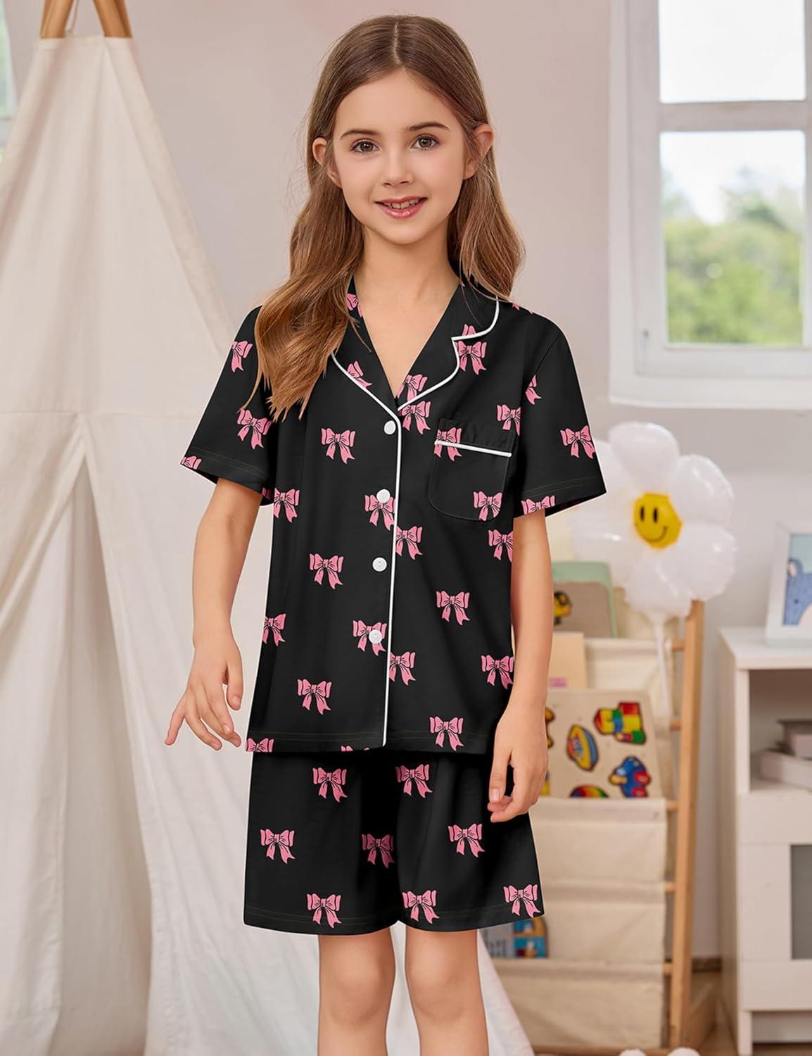 imageSWOMOG Kids Pajamas Sets 3PCS Short Sleeve Long Pants with Shorts Girls Boys Button Down PJS Cute Loungewear for 4T15YearsBlack Bowknot