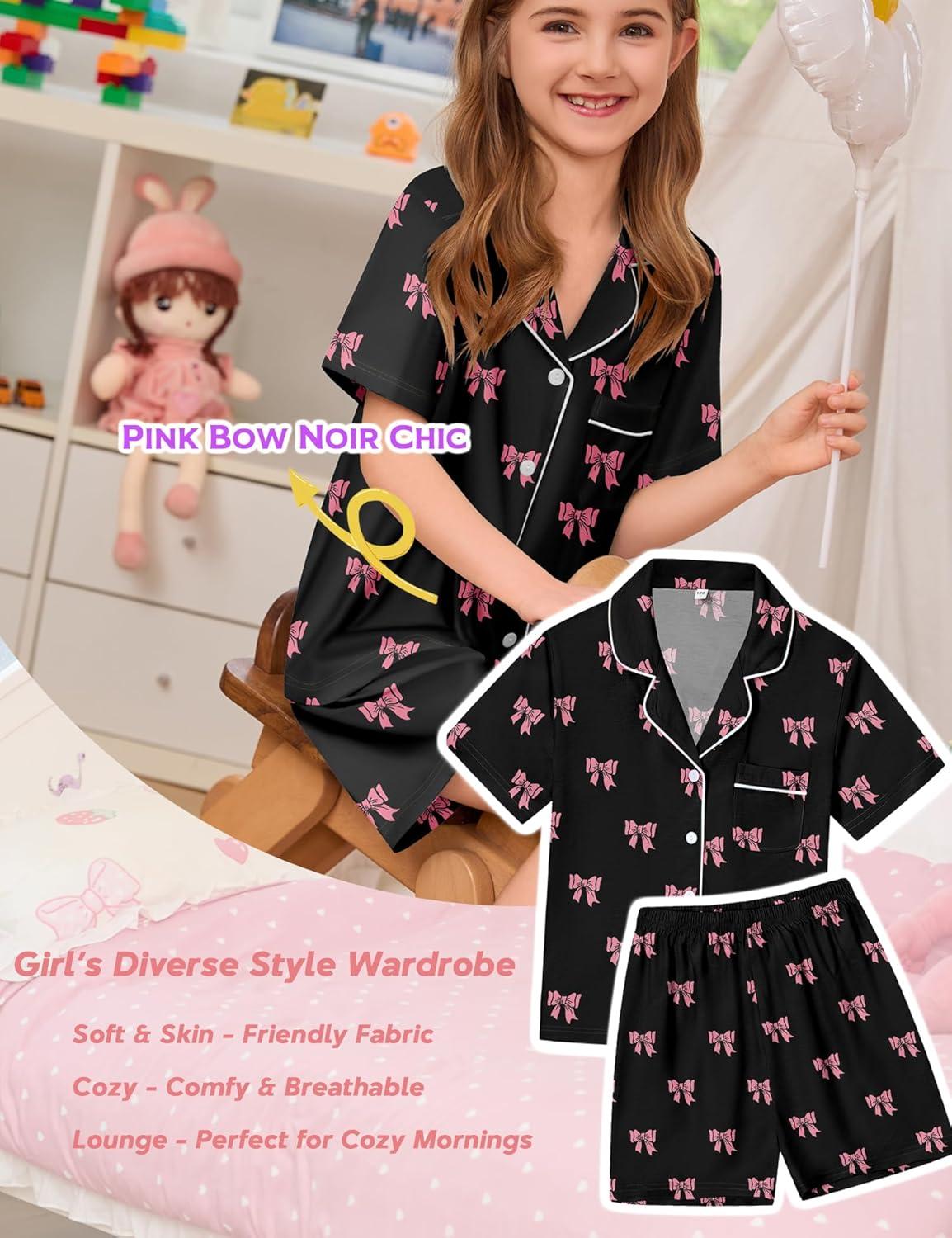imageSWOMOG Kids Pajamas Sets 3PCS Short Sleeve Long Pants with Shorts Girls Boys Button Down PJS Cute Loungewear for 4T15YearsBlack Bowknot