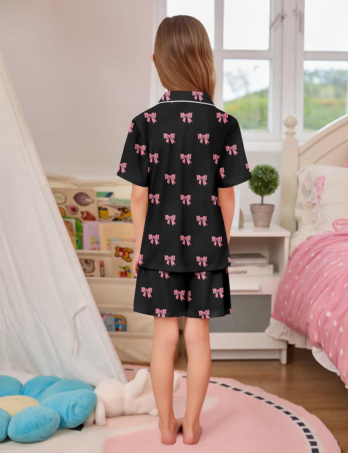 imageSWOMOG Kids Pajamas Sets 3PCS Short Sleeve Long Pants with Shorts Girls Boys Button Down PJS Cute Loungewear for 4T15YearsBlack Bowknot