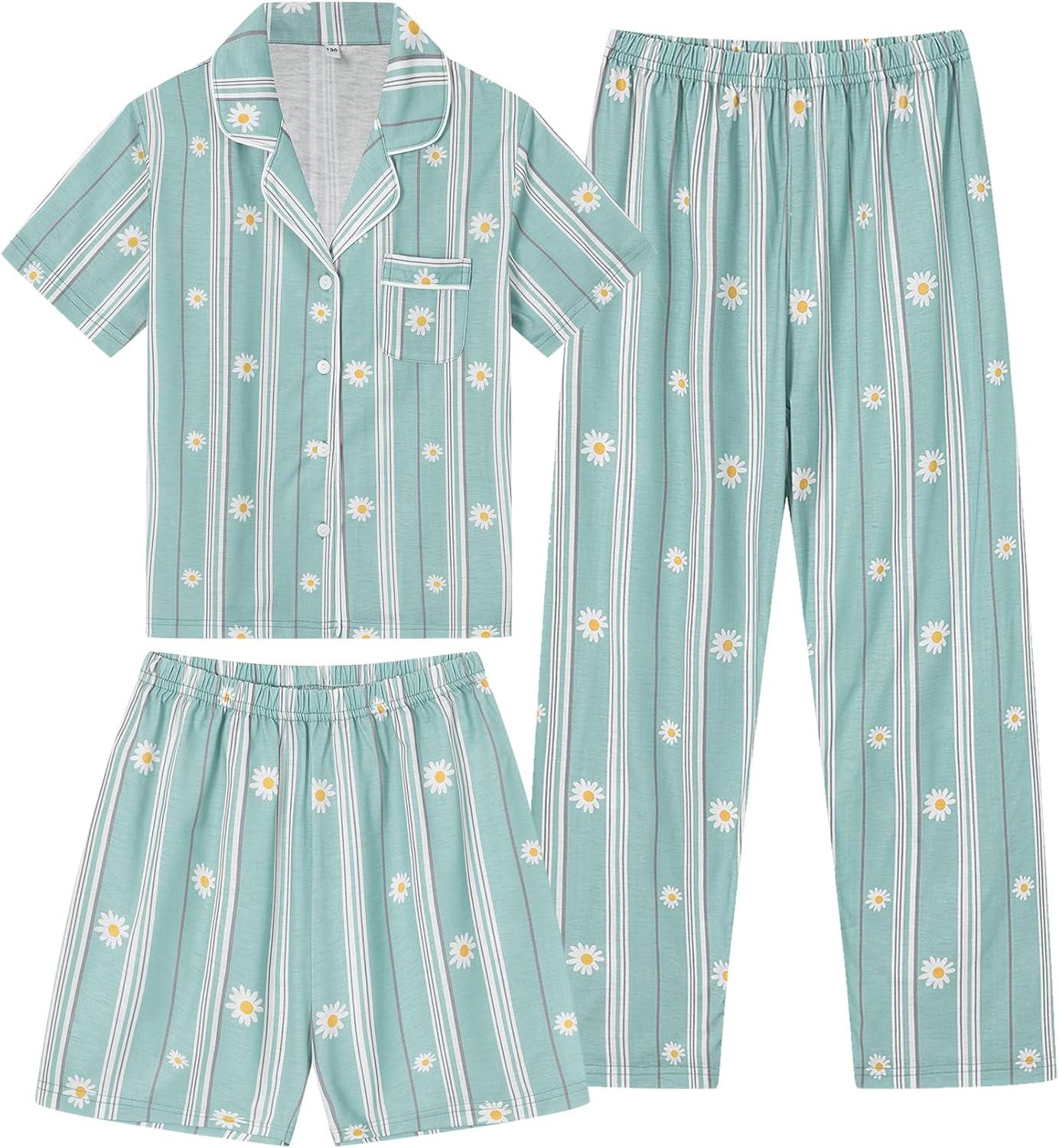 imageSWOMOG Kids Pajamas Sets 3PCS Short Sleeve Long Pants with Shorts Girls Boys Button Down PJS Cute Loungewear for 4T15YearsBlue Daisy