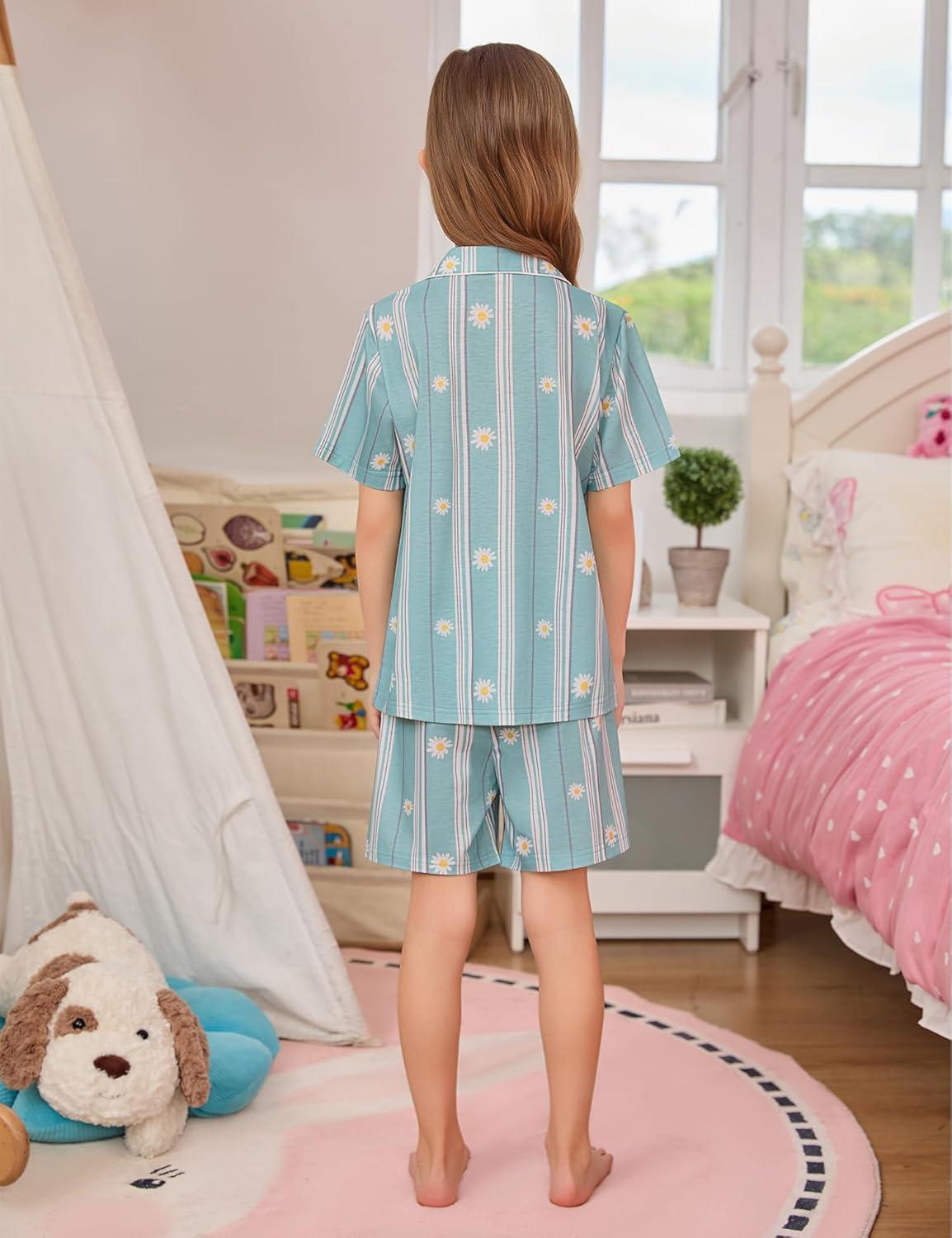 imageSWOMOG Kids Pajamas Sets 3PCS Short Sleeve Long Pants with Shorts Girls Boys Button Down PJS Cute Loungewear for 4T15YearsBlue Daisy