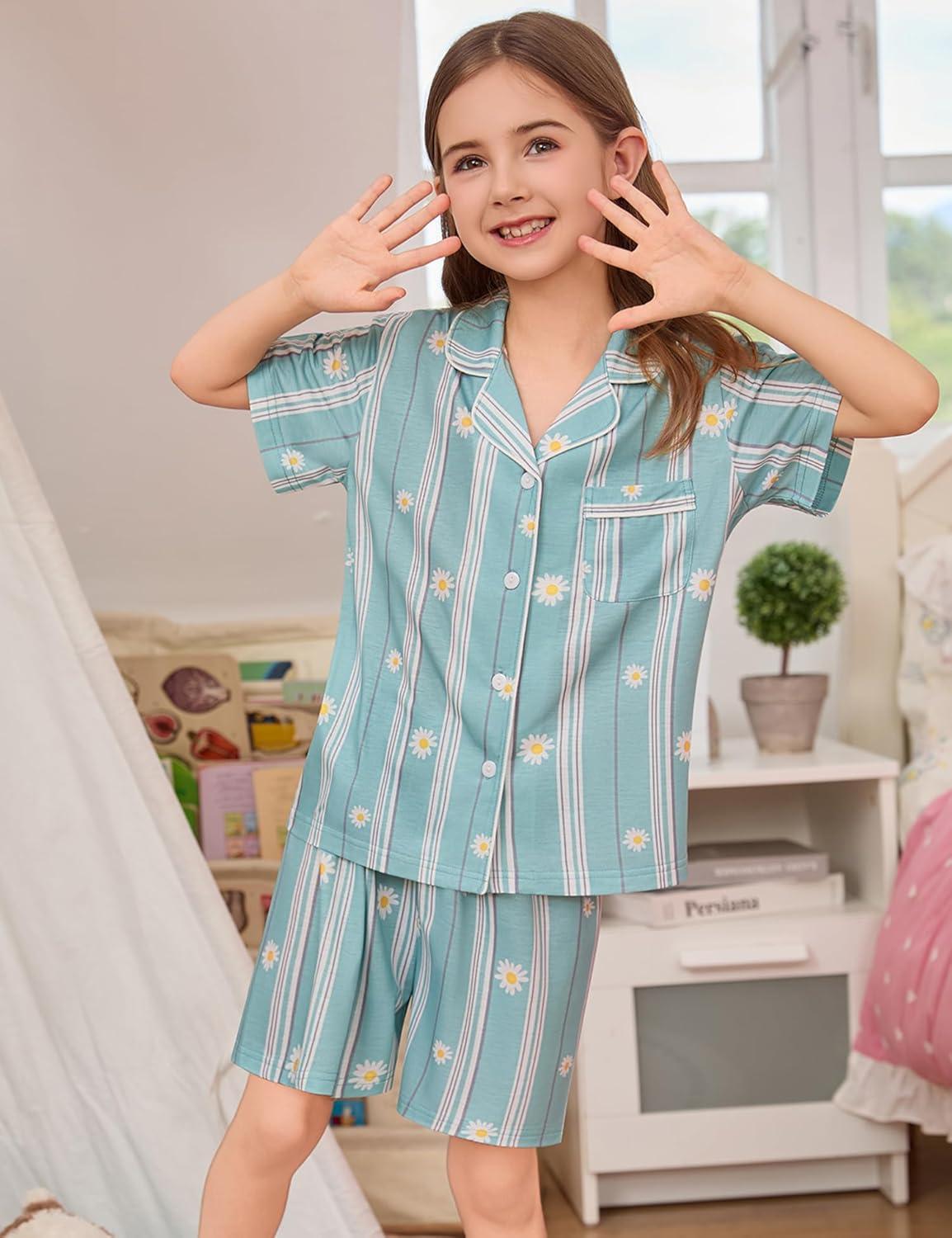 imageSWOMOG Kids Pajamas Sets 3PCS Short Sleeve Long Pants with Shorts Girls Boys Button Down PJS Cute Loungewear for 4T15YearsBlue Daisy