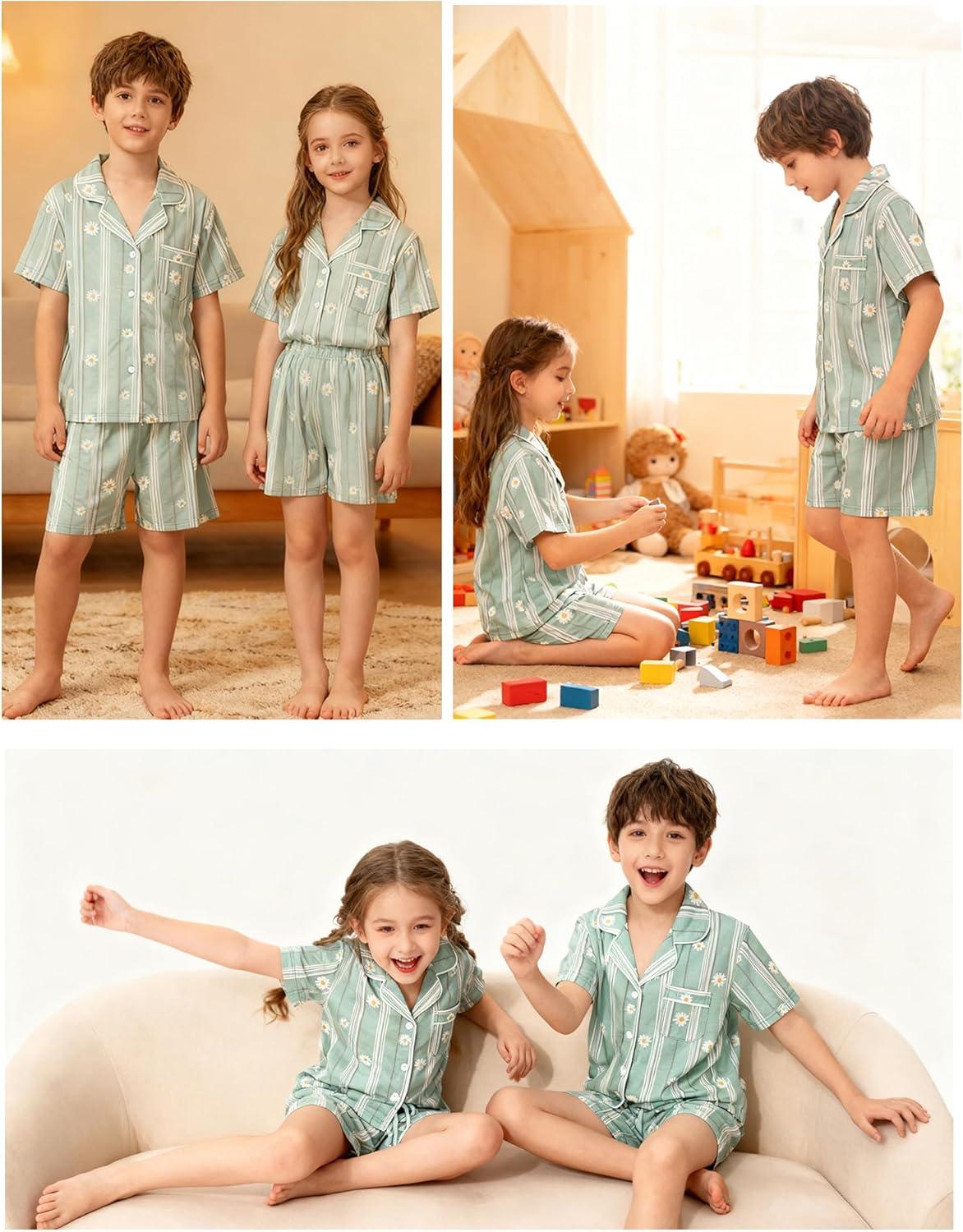 imageSWOMOG Kids Pajamas Sets 3PCS Short Sleeve Long Pants with Shorts Girls Boys Button Down PJS Cute Loungewear for 4T15YearsBlue Daisy