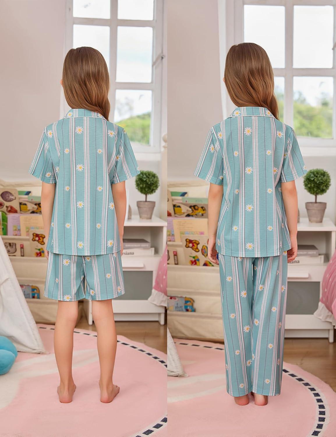 imageSWOMOG Kids Pajamas Sets 3PCS Short Sleeve Long Pants with Shorts Girls Boys Button Down PJS Cute Loungewear for 4T15YearsBlue Daisy