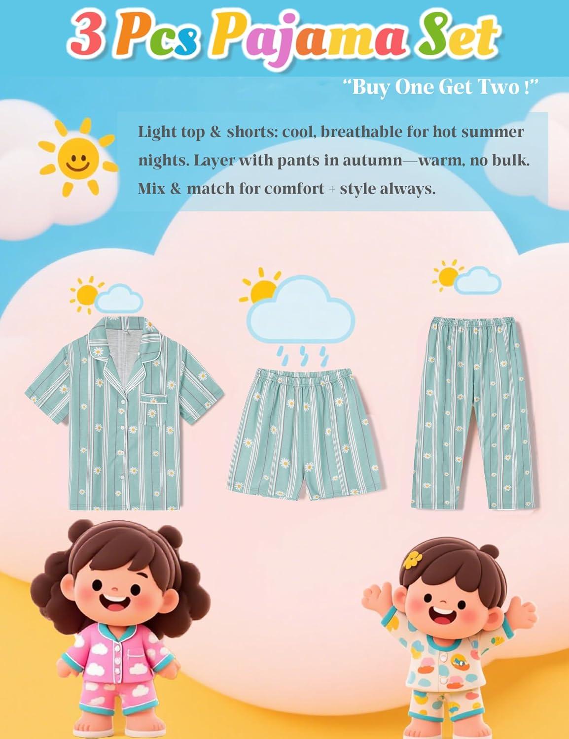 imageSWOMOG Kids Pajamas Sets 3PCS Short Sleeve Long Pants with Shorts Girls Boys Button Down PJS Cute Loungewear for 4T15YearsBlue Daisy