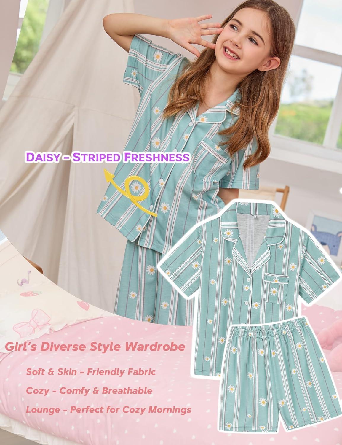 imageSWOMOG Kids Pajamas Sets 3PCS Short Sleeve Long Pants with Shorts Girls Boys Button Down PJS Cute Loungewear for 4T15YearsBlue Daisy
