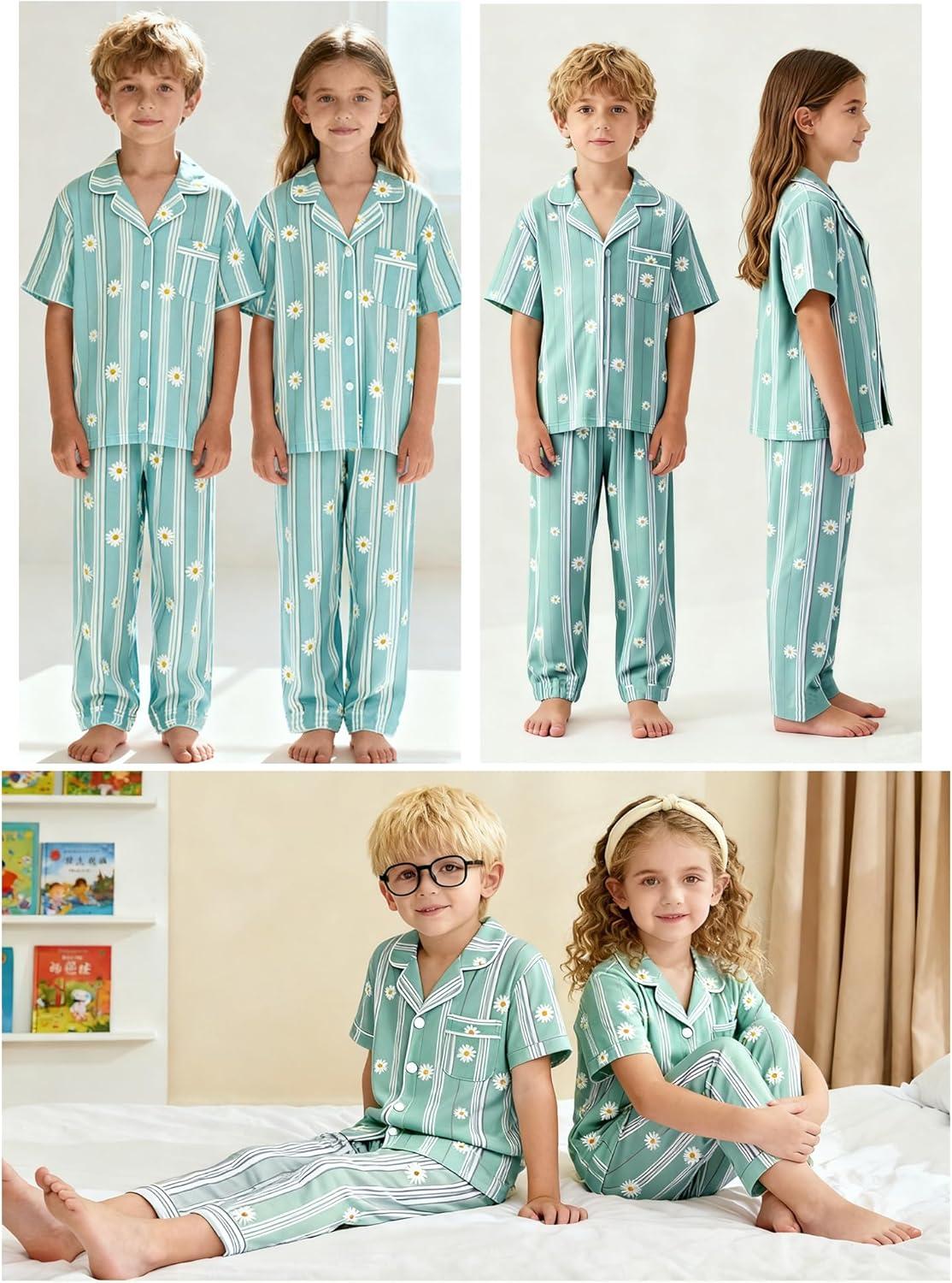 imageSWOMOG Kids Pajamas Sets 3PCS Short Sleeve Long Pants with Shorts Girls Boys Button Down PJS Cute Loungewear for 4T15YearsBlue Daisy