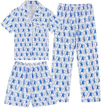 imageSWOMOG Kids Pajamas Sets 3PCS Short Sleeve Long Pants with Shorts Girls Boys Button Down PJS Cute Loungewear for 4T15YearsBlue Monkey