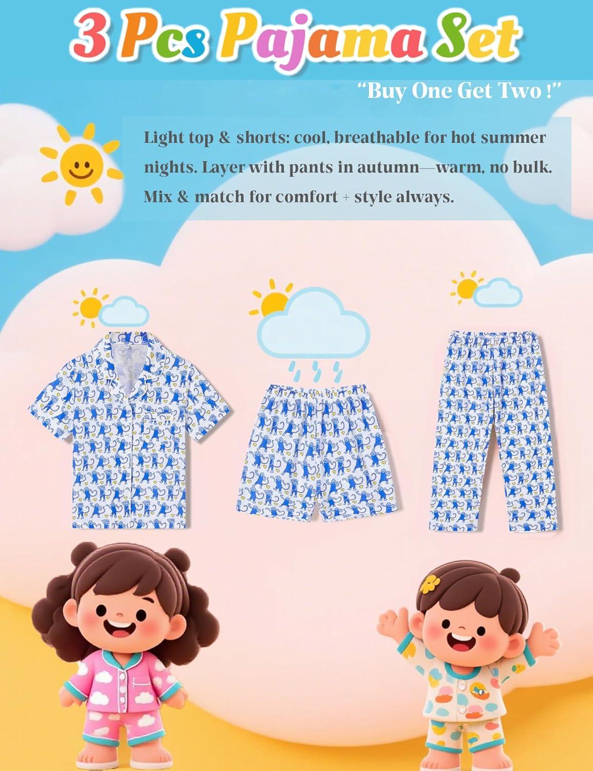 imageSWOMOG Kids Pajamas Sets 3PCS Short Sleeve Long Pants with Shorts Girls Boys Button Down PJS Cute Loungewear for 4T15YearsBlue Monkey