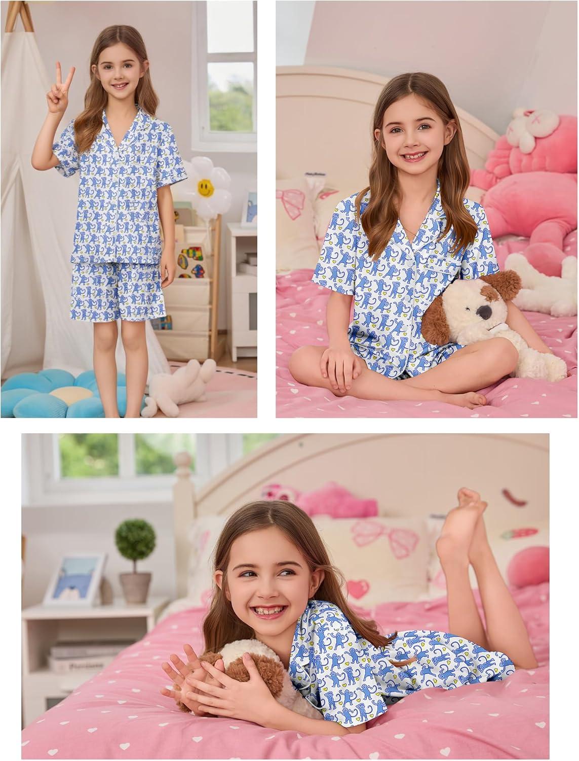 imageSWOMOG Kids Pajamas Sets 3PCS Short Sleeve Long Pants with Shorts Girls Boys Button Down PJS Cute Loungewear for 4T15YearsBlue Monkey