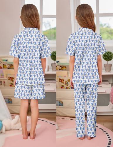 imageSWOMOG Kids Pajamas Sets 3PCS Short Sleeve Long Pants with Shorts Girls Boys Button Down PJS Cute Loungewear for 4T15YearsBlue Monkey