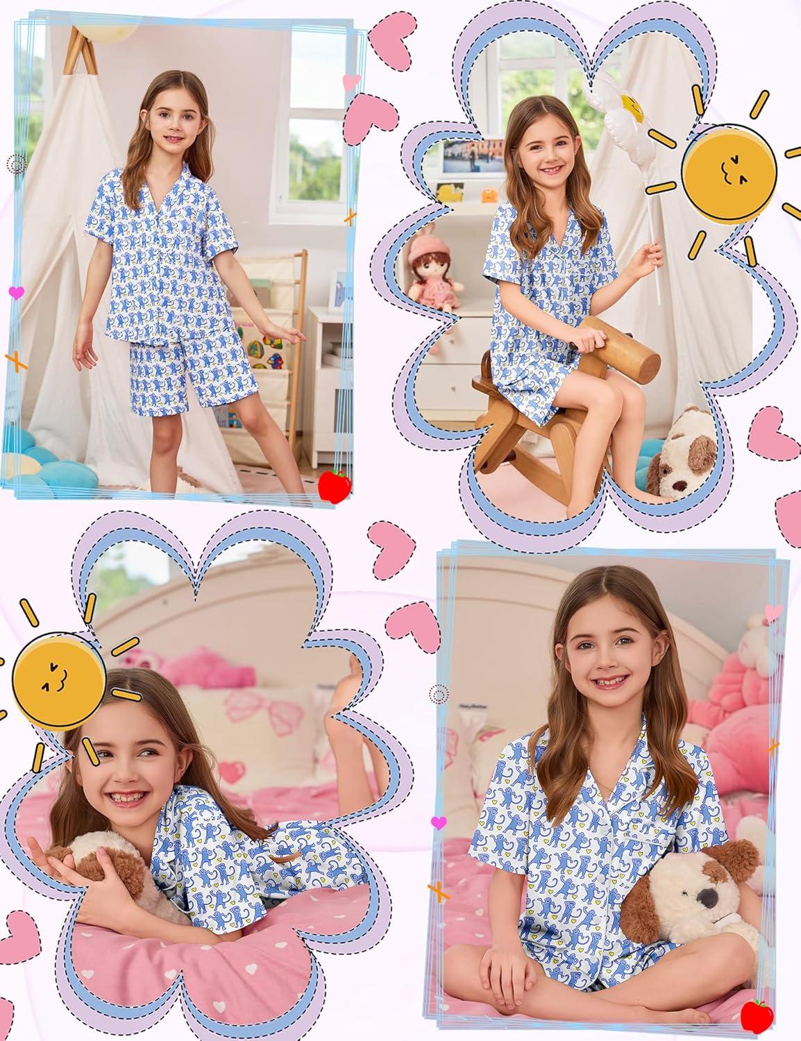 imageSWOMOG Kids Pajamas Sets 3PCS Short Sleeve Long Pants with Shorts Girls Boys Button Down PJS Cute Loungewear for 4T15YearsBlue Monkey