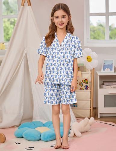 imageSWOMOG Kids Pajamas Sets 3PCS Short Sleeve Long Pants with Shorts Girls Boys Button Down PJS Cute Loungewear for 4T15YearsBlue Monkey