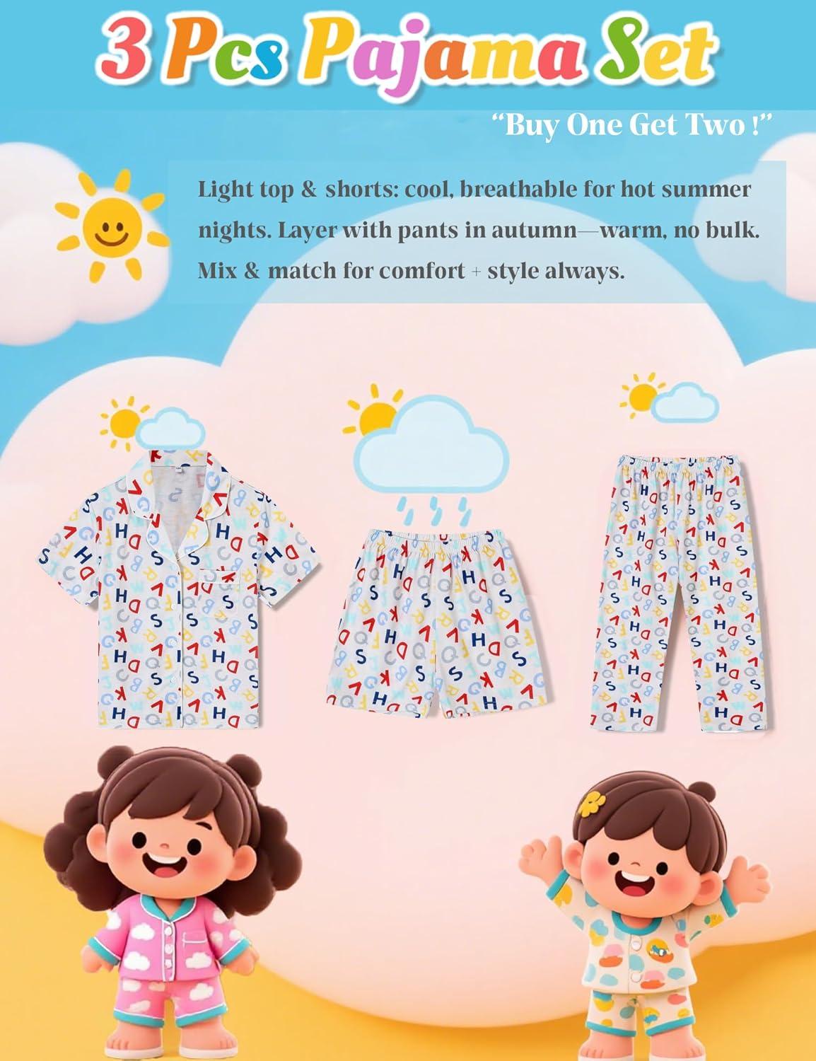 imageSWOMOG Kids Pajamas Sets 3PCS Short Sleeve Long Pants with Shorts Girls Boys Button Down PJS Cute Loungewear for 4T15YearsLetter