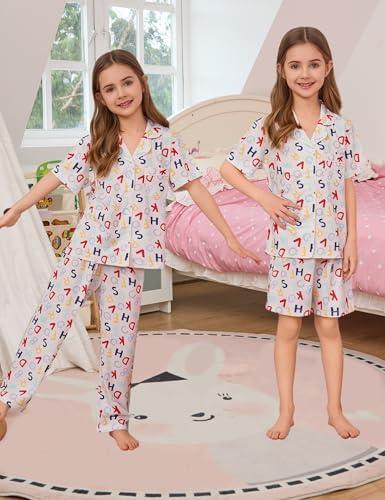 imageSWOMOG Kids Pajamas Sets 3PCS Short Sleeve Long Pants with Shorts Girls Boys Button Down PJS Cute Loungewear for 4T15YearsLetter
