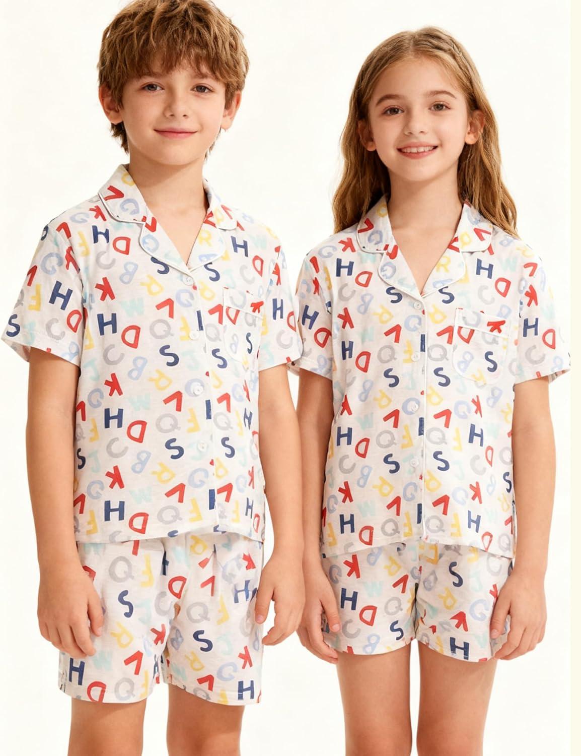 imageSWOMOG Kids Pajamas Sets 3PCS Short Sleeve Long Pants with Shorts Girls Boys Button Down PJS Cute Loungewear for 4T15YearsLetter