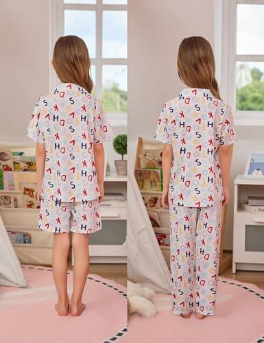imageSWOMOG Kids Pajamas Sets 3PCS Short Sleeve Long Pants with Shorts Girls Boys Button Down PJS Cute Loungewear for 4T15YearsLetter