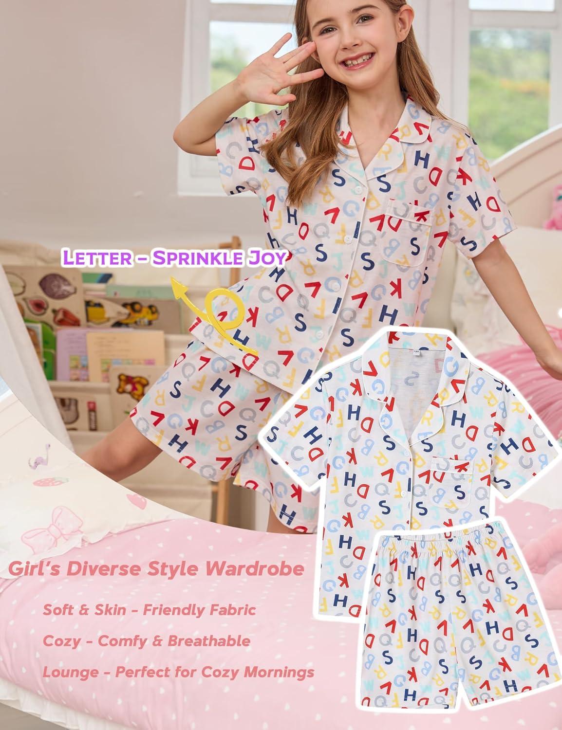 imageSWOMOG Kids Pajamas Sets 3PCS Short Sleeve Long Pants with Shorts Girls Boys Button Down PJS Cute Loungewear for 4T15YearsLetter