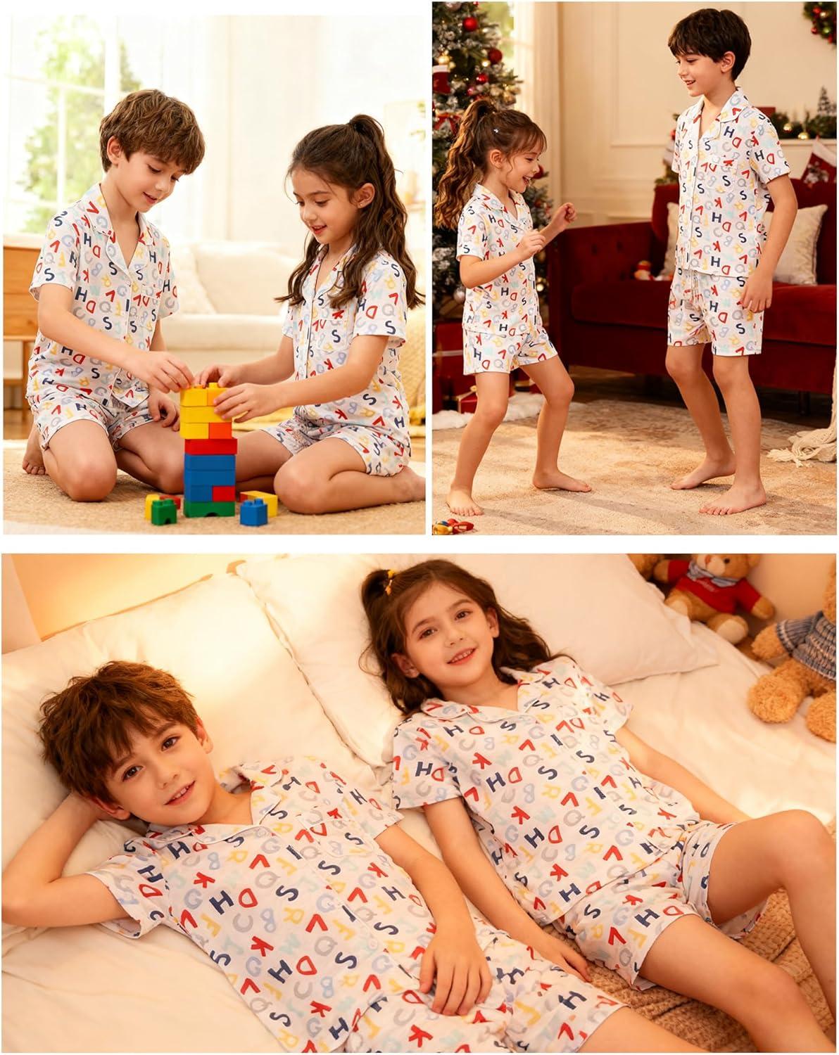 imageSWOMOG Kids Pajamas Sets 3PCS Short Sleeve Long Pants with Shorts Girls Boys Button Down PJS Cute Loungewear for 4T15YearsLetter