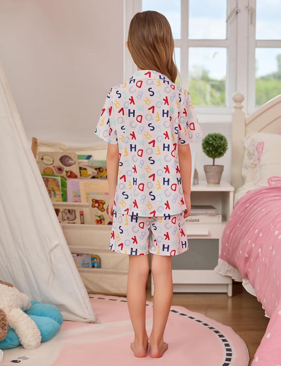 imageSWOMOG Kids Pajamas Sets 3PCS Short Sleeve Long Pants with Shorts Girls Boys Button Down PJS Cute Loungewear for 4T15YearsLetter