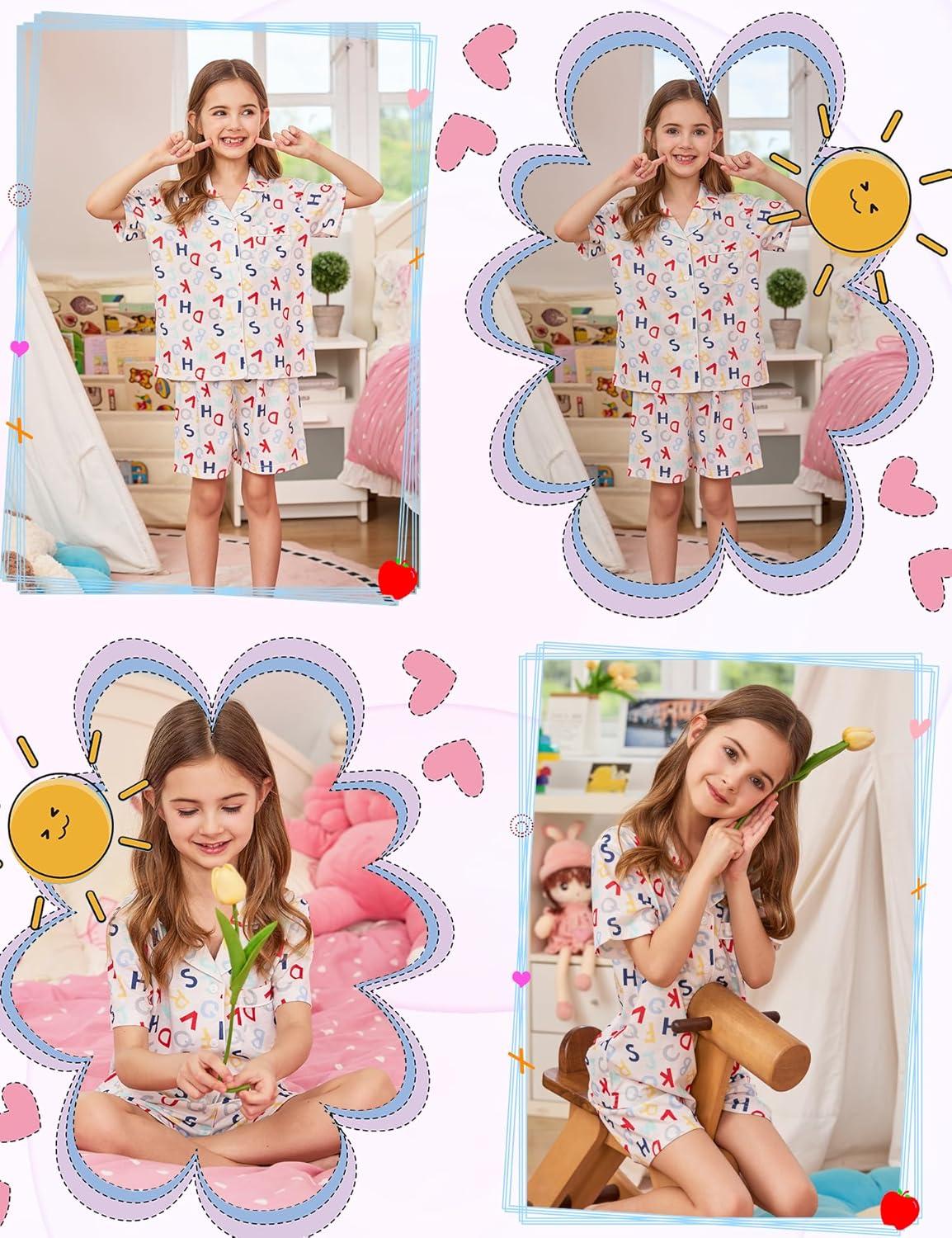 imageSWOMOG Kids Pajamas Sets 3PCS Short Sleeve Long Pants with Shorts Girls Boys Button Down PJS Cute Loungewear for 4T15YearsLetter