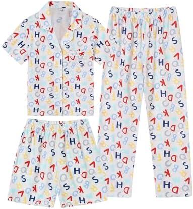 imageSWOMOG Kids Pajamas Sets 3PCS Short Sleeve Long Pants with Shorts Girls Boys Button Down PJS Cute Loungewear for 4T15YearsLetter