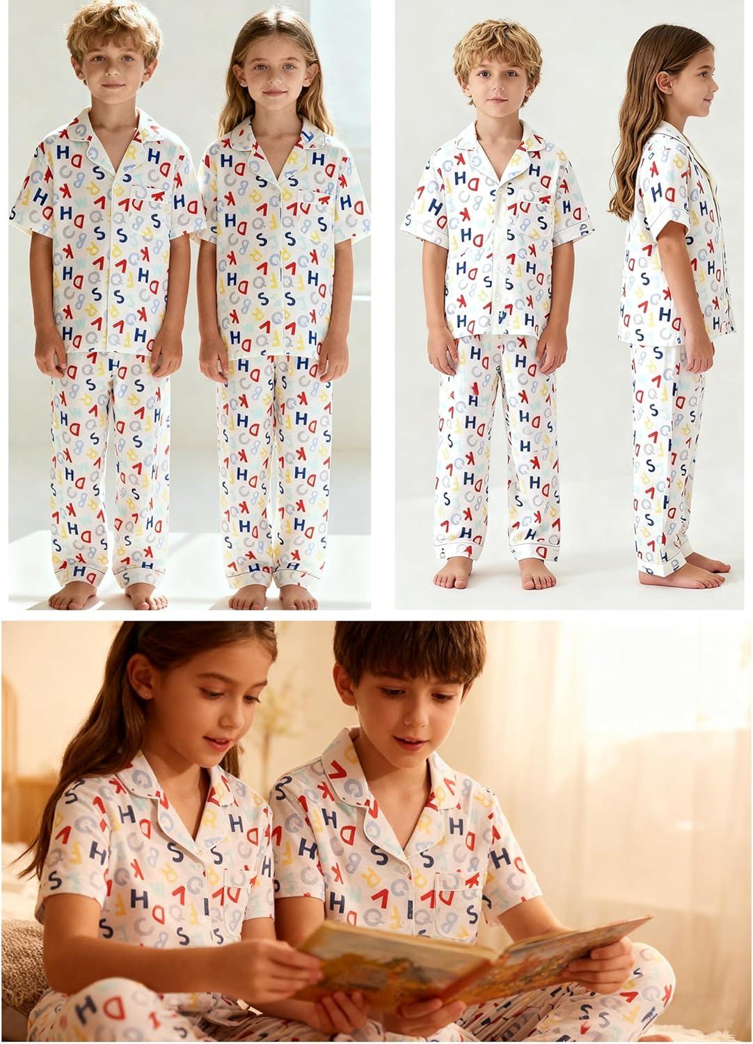 imageSWOMOG Kids Pajamas Sets 3PCS Short Sleeve Long Pants with Shorts Girls Boys Button Down PJS Cute Loungewear for 4T15YearsLetter