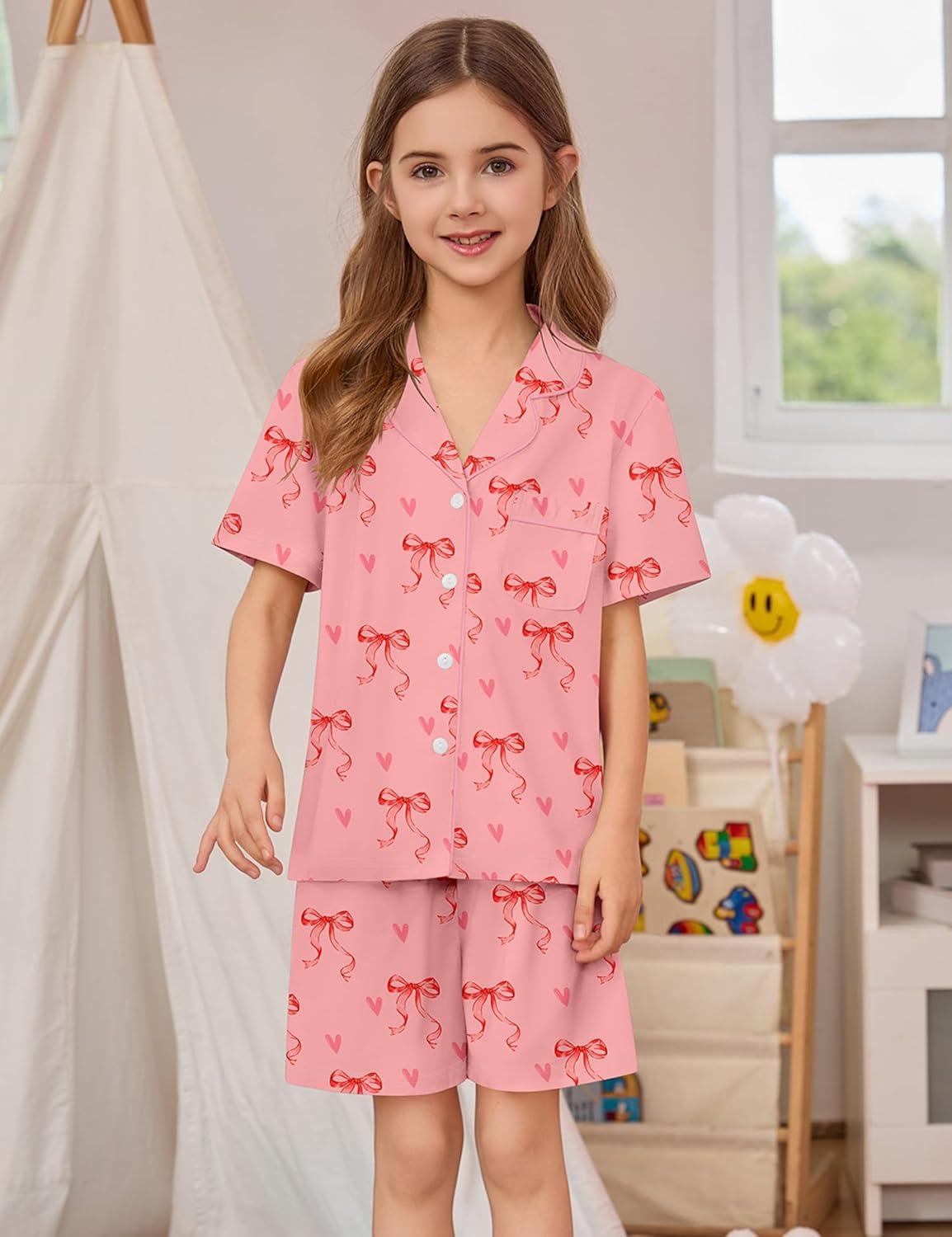 imageSWOMOG Kids Pajamas Sets 3PCS Short Sleeve Long Pants with Shorts Girls Boys Button Down PJS Cute Loungewear for 4T15YearsPink Bowknot