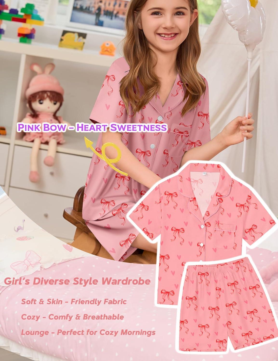 imageSWOMOG Kids Pajamas Sets 3PCS Short Sleeve Long Pants with Shorts Girls Boys Button Down PJS Cute Loungewear for 4T15YearsPink Bowknot