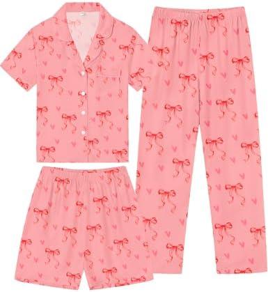 imageSWOMOG Kids Pajamas Sets 3PCS Short Sleeve Long Pants with Shorts Girls Boys Button Down PJS Cute Loungewear for 4T15YearsPink Bowknot