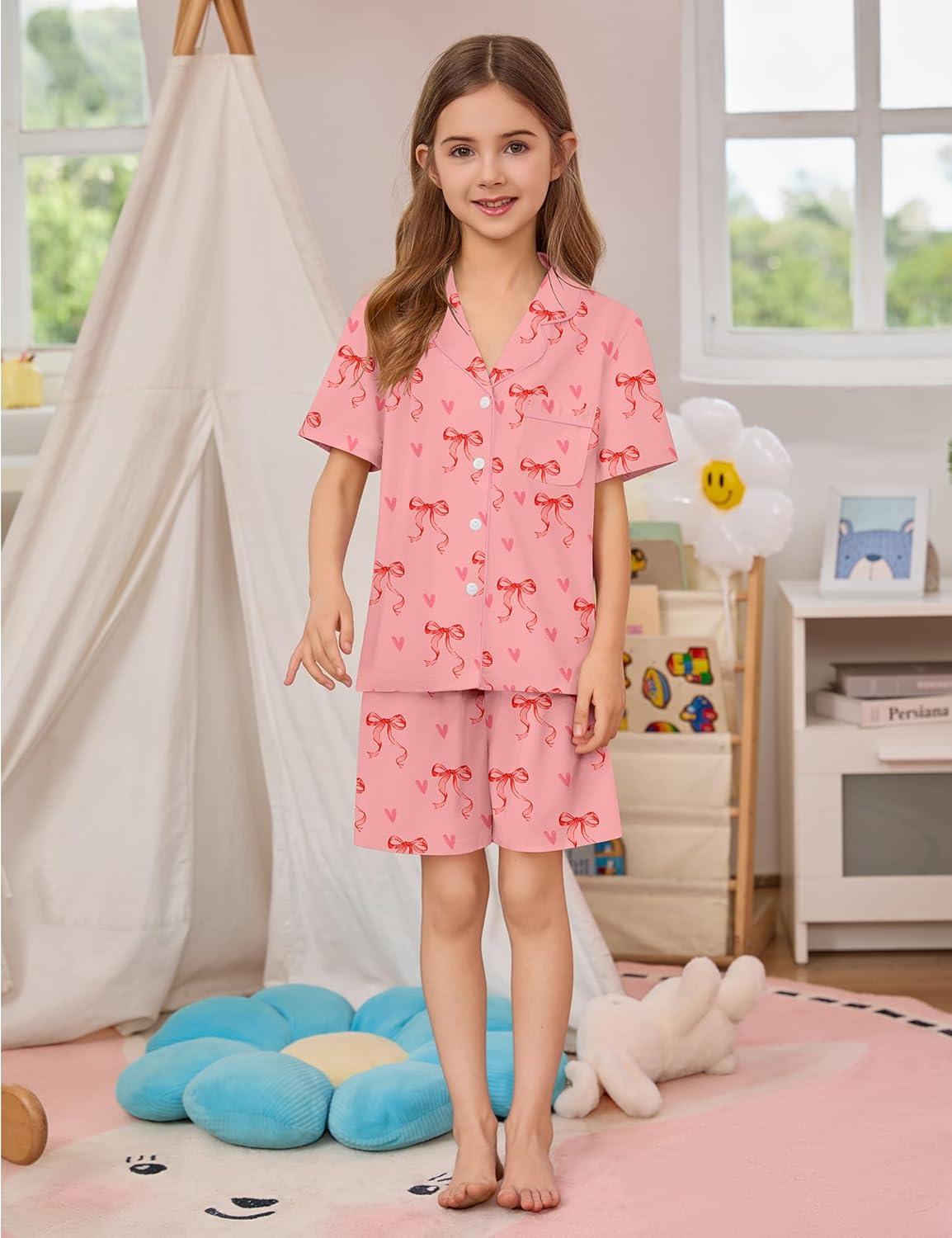 imageSWOMOG Kids Pajamas Sets 3PCS Short Sleeve Long Pants with Shorts Girls Boys Button Down PJS Cute Loungewear for 4T15YearsPink Bowknot